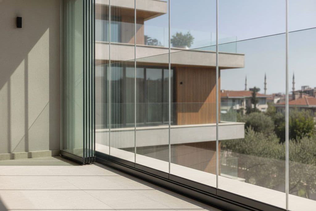 Modern katlanır cam balkon sisteminin detaylı kesit görünümü, temperli cam panelleri ve ince alüminyum profilleri gösteriyor.